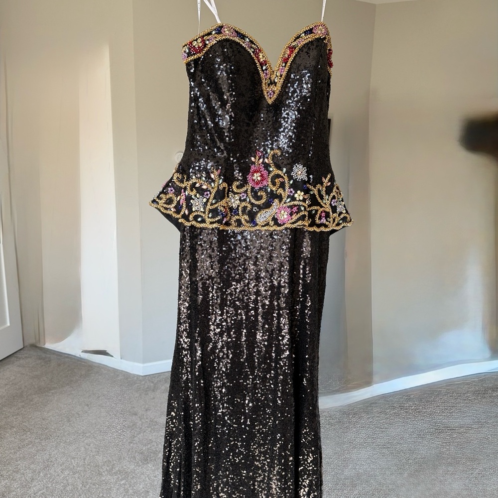 Angela & Alison Black Strapless Sequin Gown